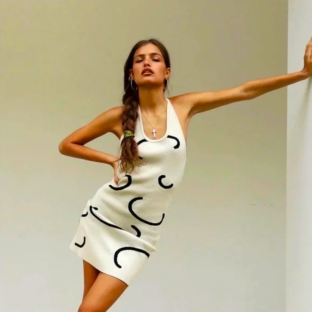 Verge Girl Knit Mini Dress in White & Black Abstract Pattern